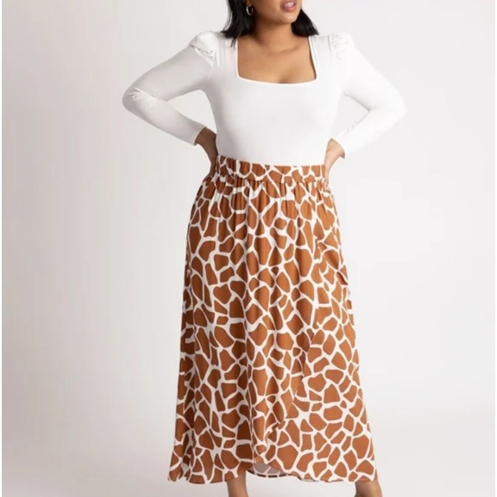 Eloquii Faux Wrap Midi Skirt Giraffe Print Orange White NWT - Size 14